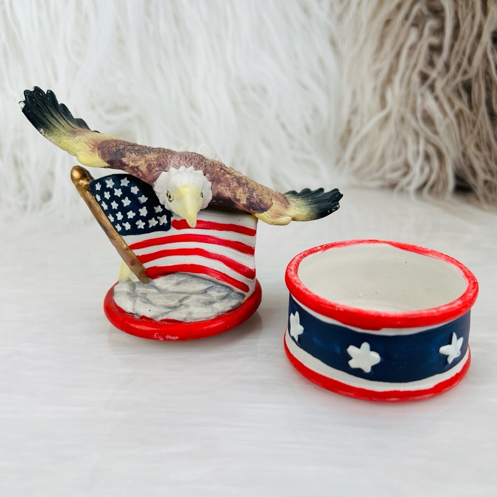 Vintage American Flag Bald Eagle Ceramic Trinket Box